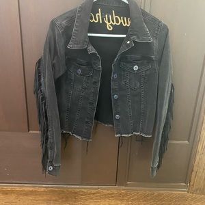 Black jean jacket, fringe sleeve and back!! Logo “Howdy Honey”